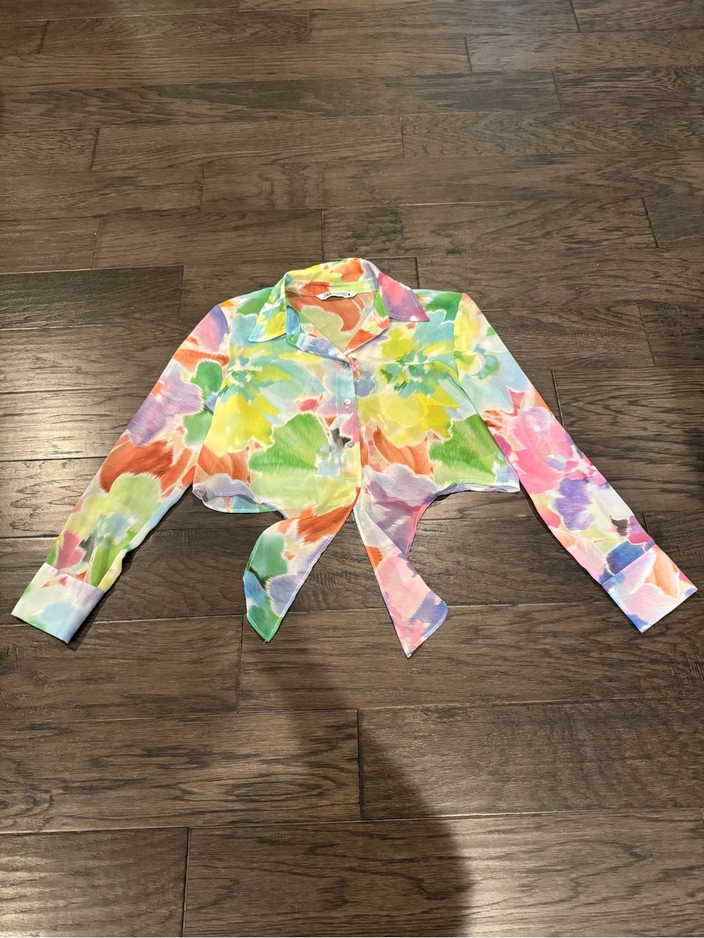 Zara Multicolor Floral Tie-Front Crop Shirt - Pink & Green